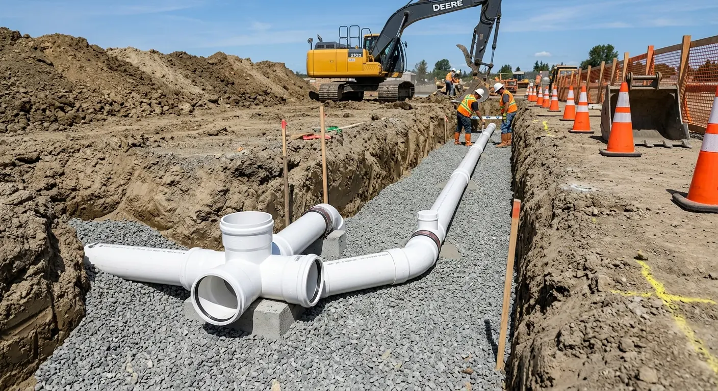 New PVC sewer pipe installation in open trench for Grease Trap Cleaning in Raymore