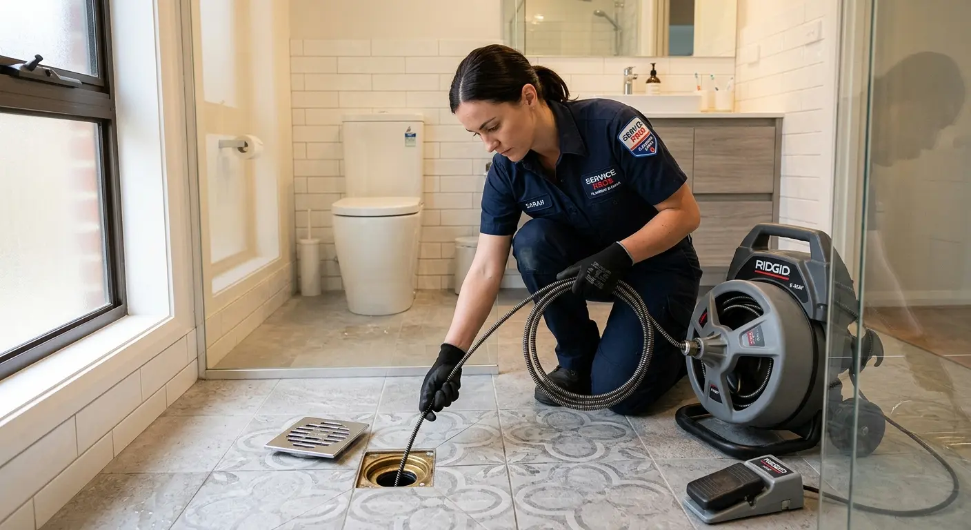 Technician clearing a bathroom floor drain for Clogged Drain Repair in Raymore